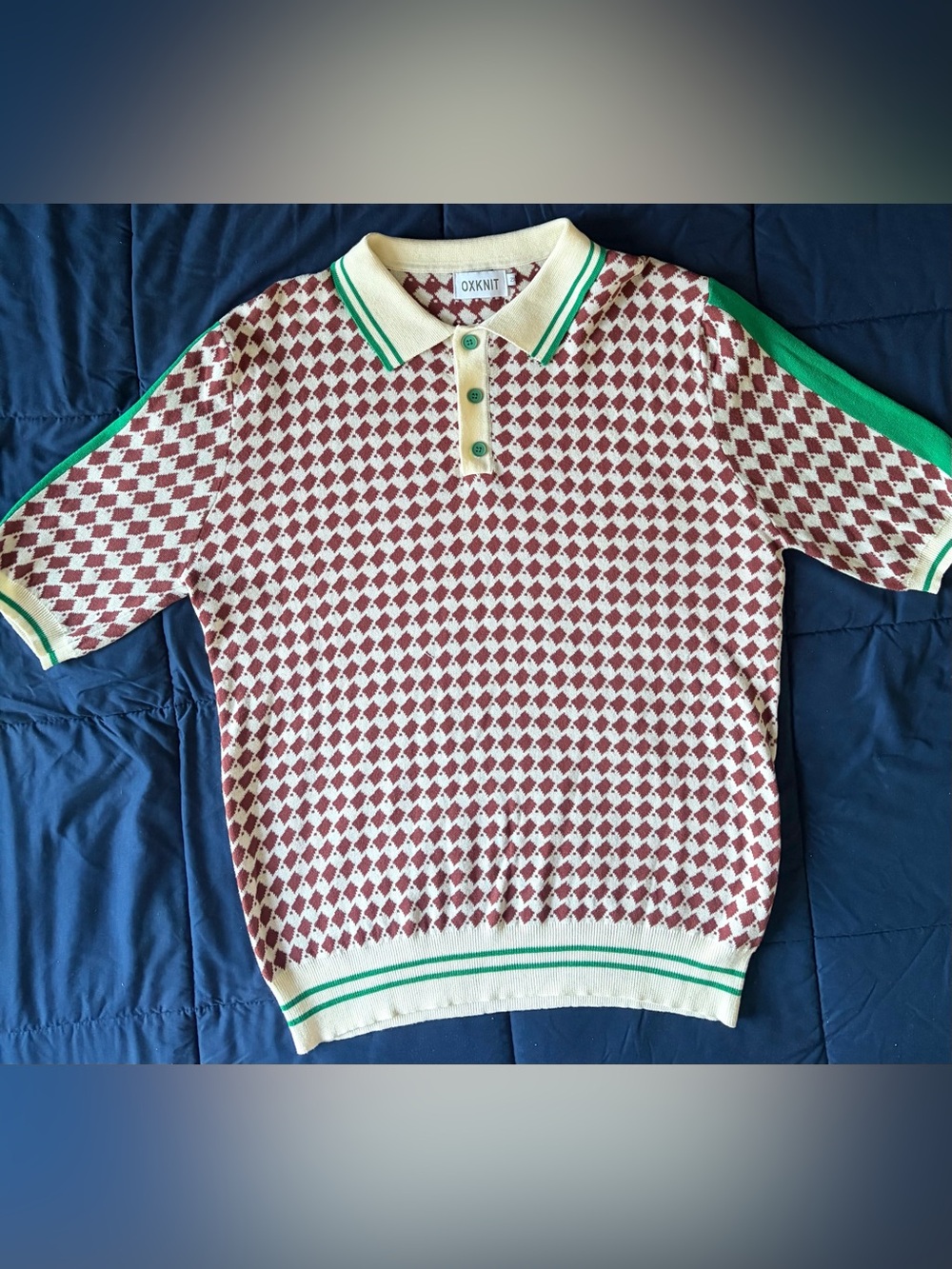 Oxknit Men's Burgundy & Cream Diamond Polo Sweater with green trim.